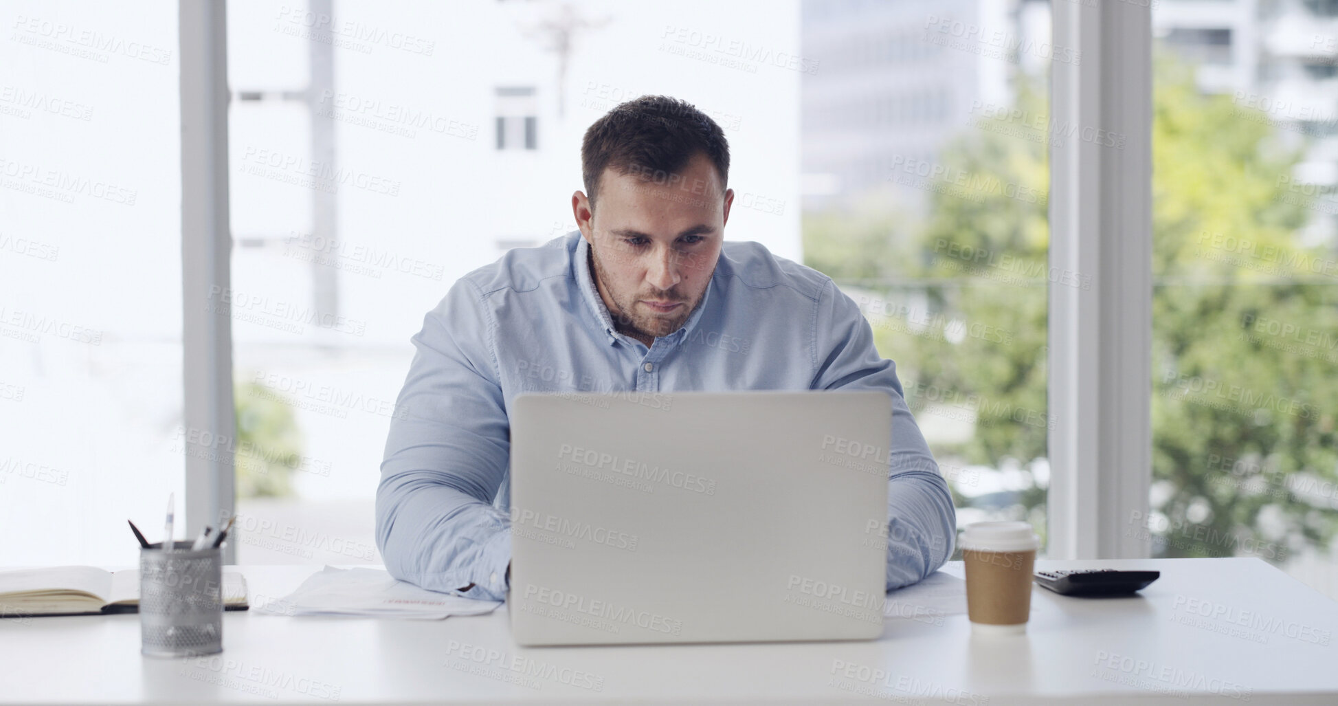 Buy stock photo Laptop, typing and businessman in office with research for creative project for startup. Technology, reading and male magazine editor with computer for online article with publishing at agency.