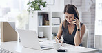 Business, woman and document with phone call in office for inquiry, contact client and finance report. Female person, mobile or paperwork for financial consultation, audit invoice and confirm billing