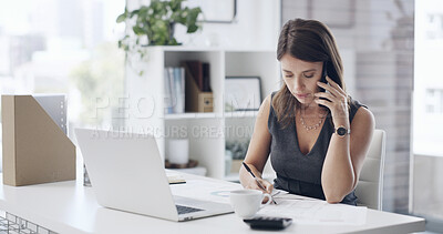 Buy stock photo Business, woman and document with phone call in office for inquiry, contact client and finance report. Female person, mobile or paperwork for financial consultation, audit invoice and confirm billing