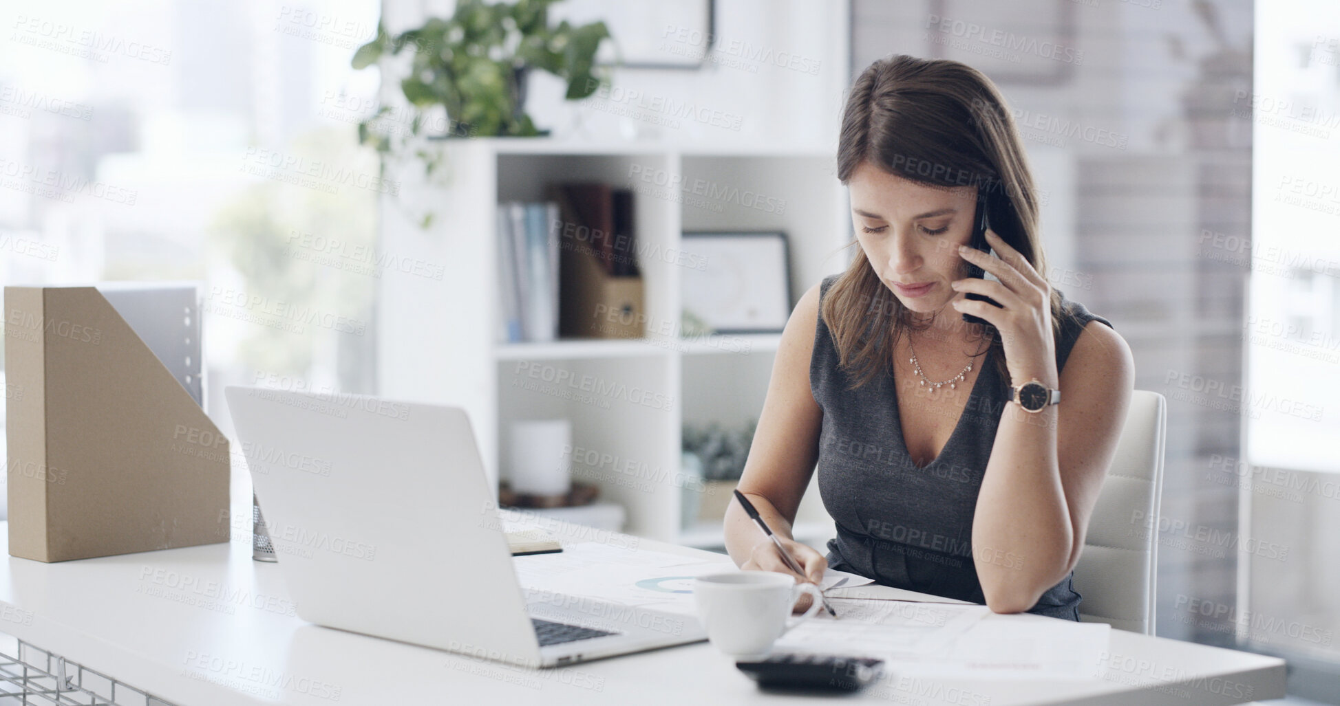 Buy stock photo Business, woman and document with phone call in office for inquiry, contact client and finance report. Female person, mobile or paperwork for financial consultation, audit invoice and confirm billing