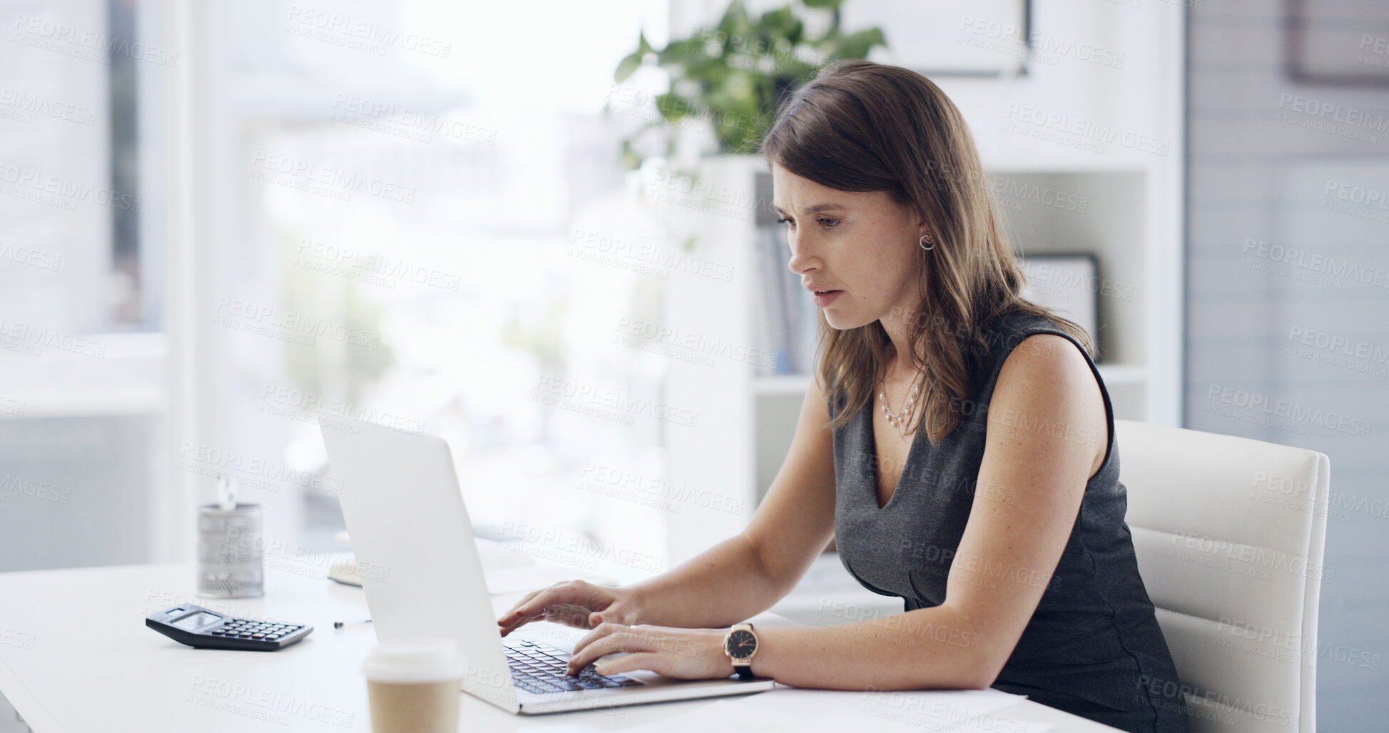 Buy stock photo Laptop, typing and businesswoman in office with research for creative project for startup. Technology, reading and female magazine editor with computer for online article with publishing at agency.