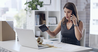 Buy stock photo Shock, woman or coffee spill on laptop in office, phone call  distraction or multitasking fail for accident. Surprise, workplace chaos or accountant with drink for tech damage, stress or calculator