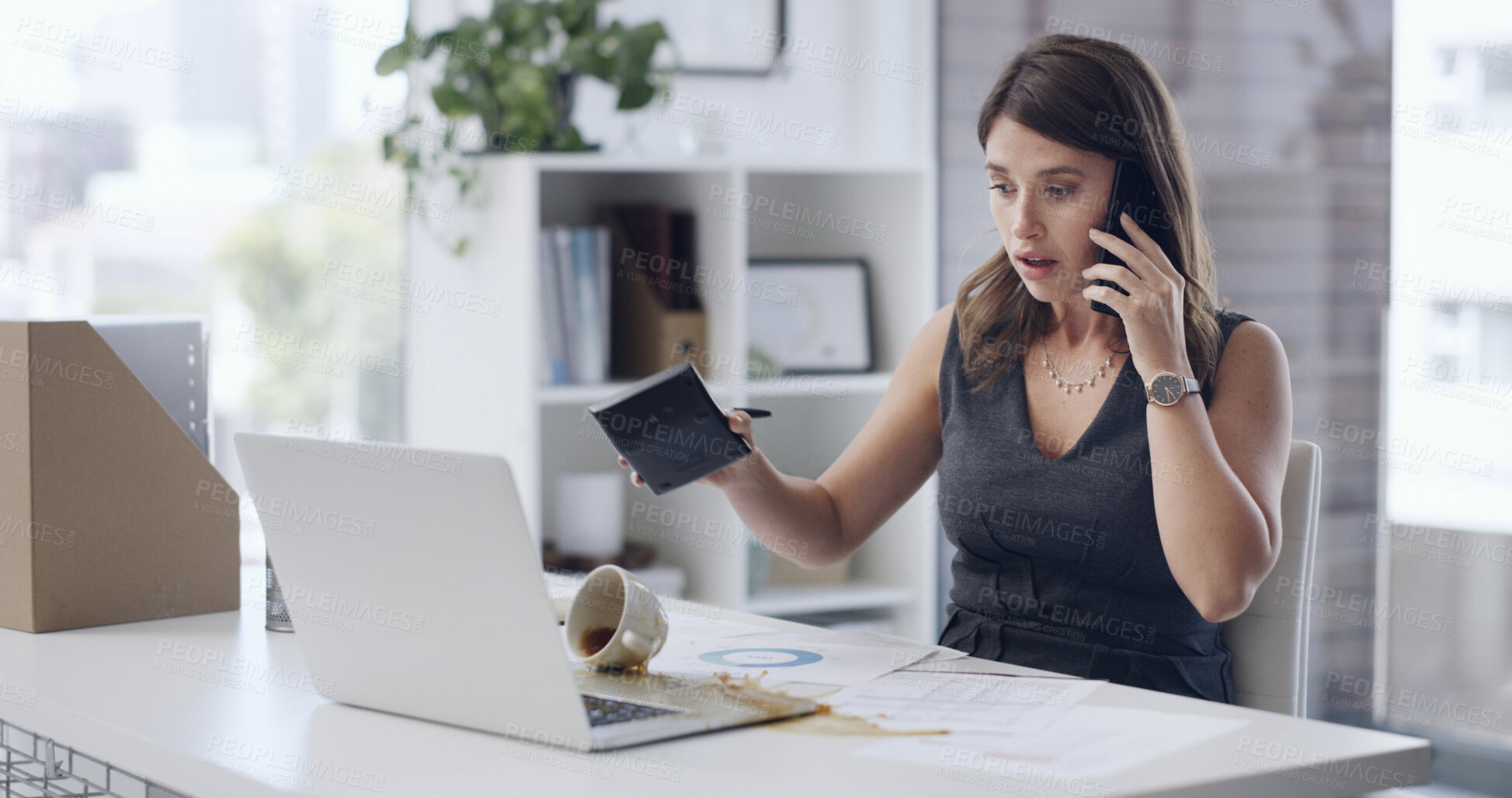 Buy stock photo Shock, woman or coffee spill on laptop in office, phone call  distraction or multitasking fail for accident. Surprise, workplace chaos or accountant with drink for tech damage, stress or calculator
