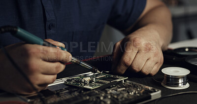 Buy stock photo Soldering, repair or hands in workshop with circuit board, inspection or wiring assemble in hardware check. Electronics, man or engineer with tech, motherboard testing or maintenance in system fix.