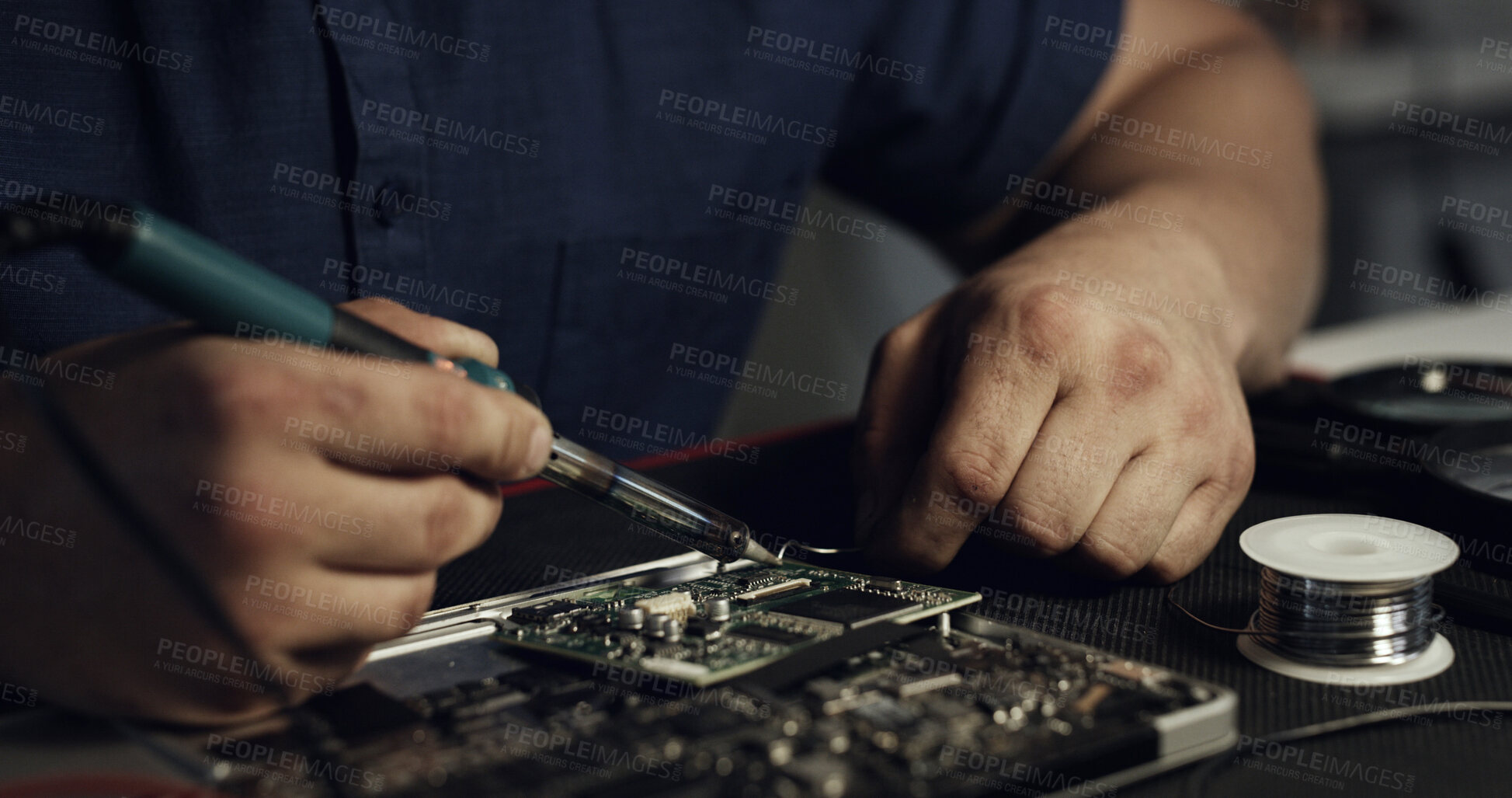 Buy stock photo Soldering, repair or hands in workshop with circuit board, inspection or wiring assemble in hardware check. Electronics, man or engineer with tech, motherboard testing or maintenance in system fix.