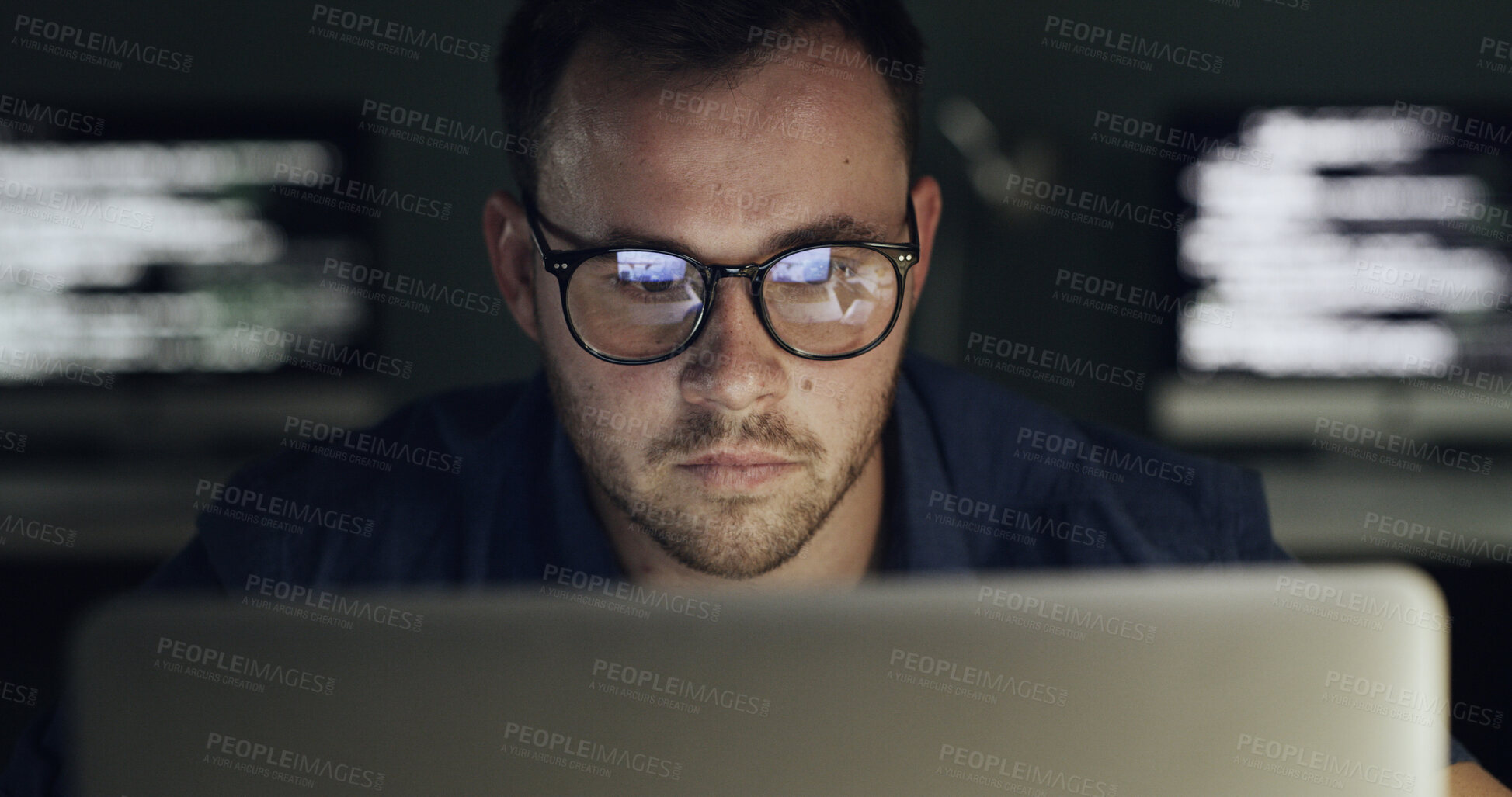 Buy stock photo Businessman, glasses and reading with laptop for programming, software or web design solution. Programmer, reflection and technology for IT problem solving, maintenance results or coding at night