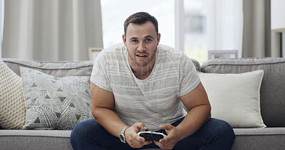 Buy stock photo Man, portrait or gamer with controller on sofa for weekend, competition or match in home. Male person, POV or playing with console on living room couch for gaming entertainment or online subscription