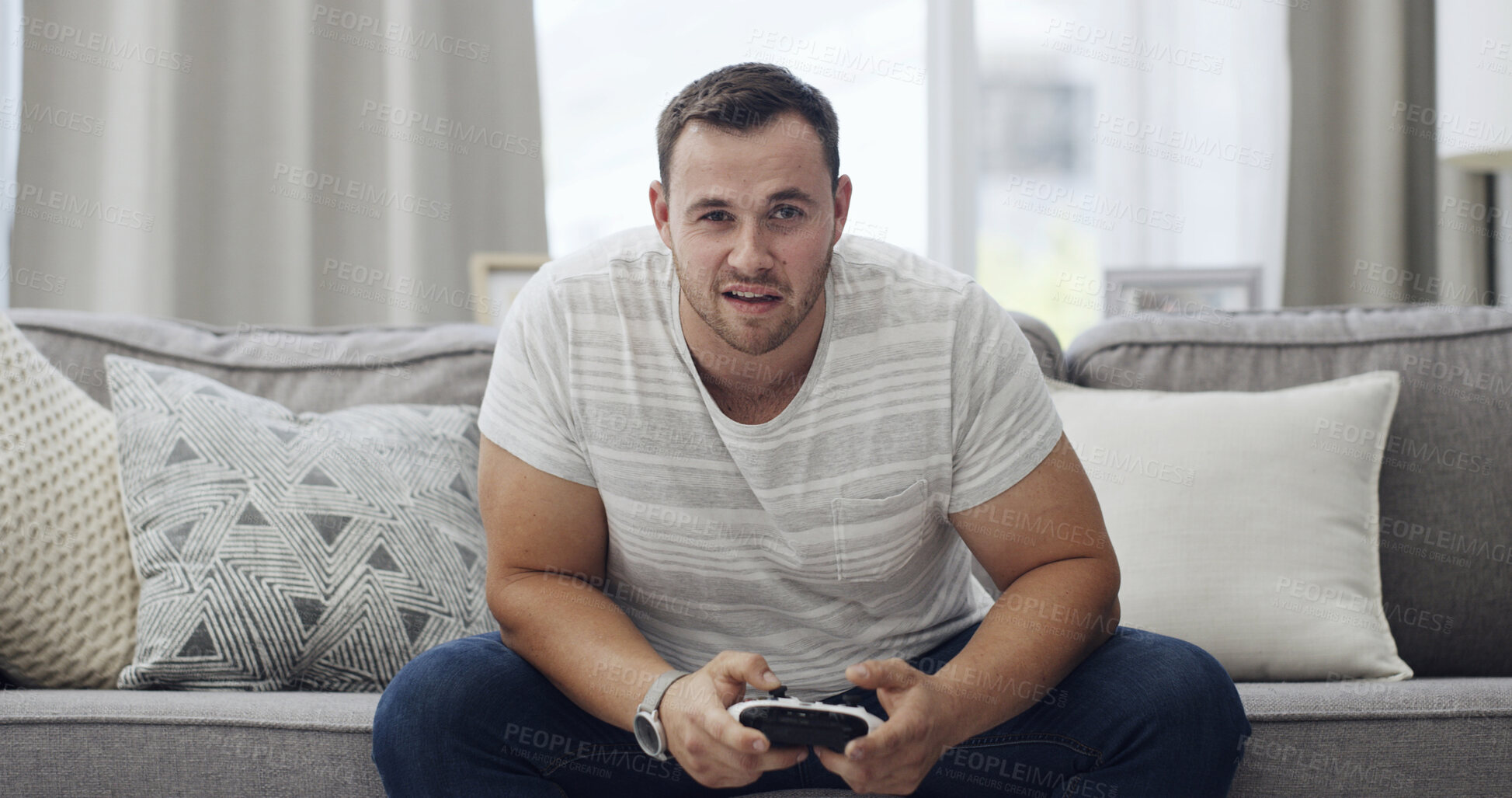 Buy stock photo Man, portrait or gamer with controller on sofa for weekend, competition or match in home. Male person, POV or playing with console on living room couch for gaming entertainment or online subscription