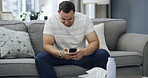 Man, smile and scroll in living room with phone, download app and search website for pornography. Happy, male person and lotion in house with tissue, digital tech or browsing online for masturbation.