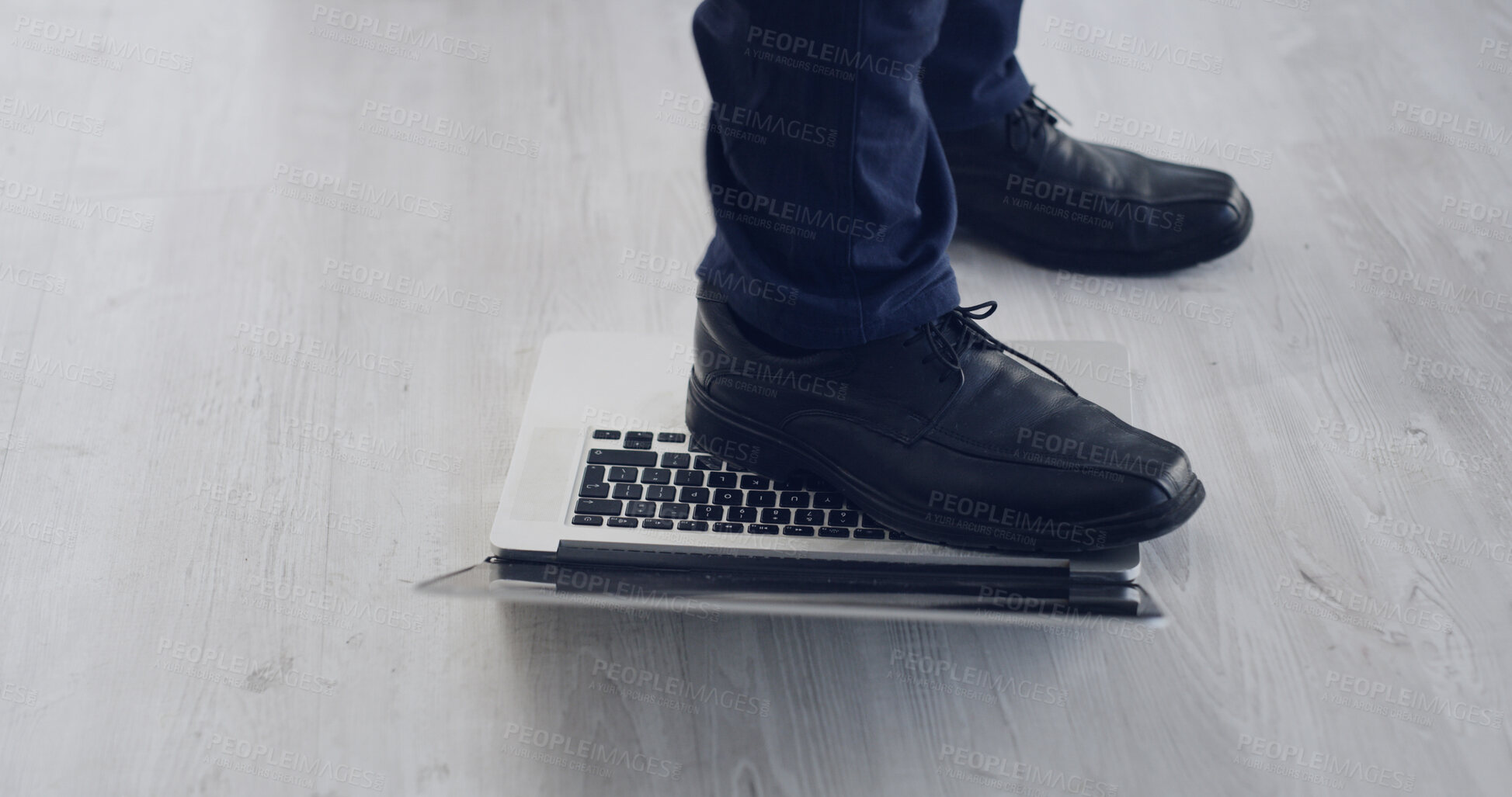 Buy stock photo Feet, person and stand on laptop to damage tech, technical issues and hardware failure. Frustrated, employee and destroy pc for malfunction, system crash and emotional outburst from workplace burnout