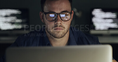 Buy stock photo Glasses, reflection and businessman with laptop for programming, software or web design solution. Programmer, reading and technology for IT problem solving, maintenance results or coding at night