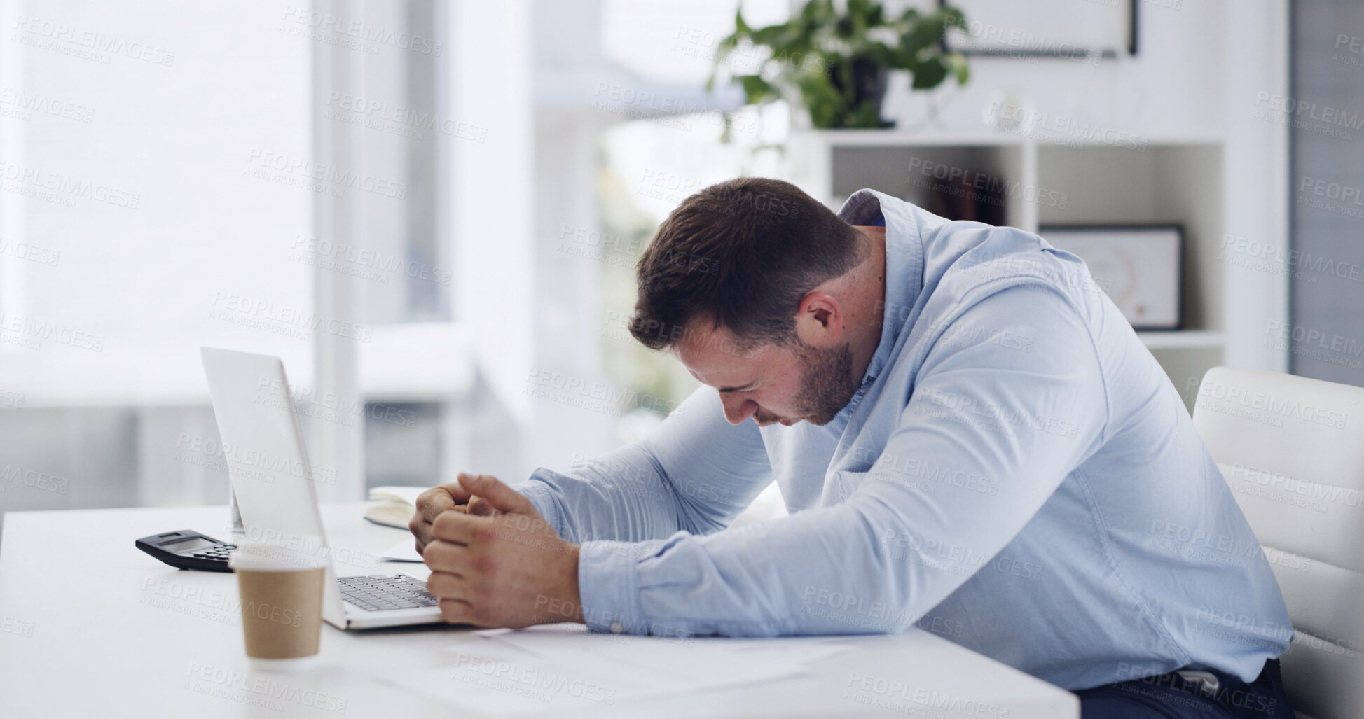 Buy stock photo Stress, frustrated and man with laptop in office, poor economic conditions and housing market decline. Overwhelmed, pc or real estate agent with client pressure, property inflation or rental failure