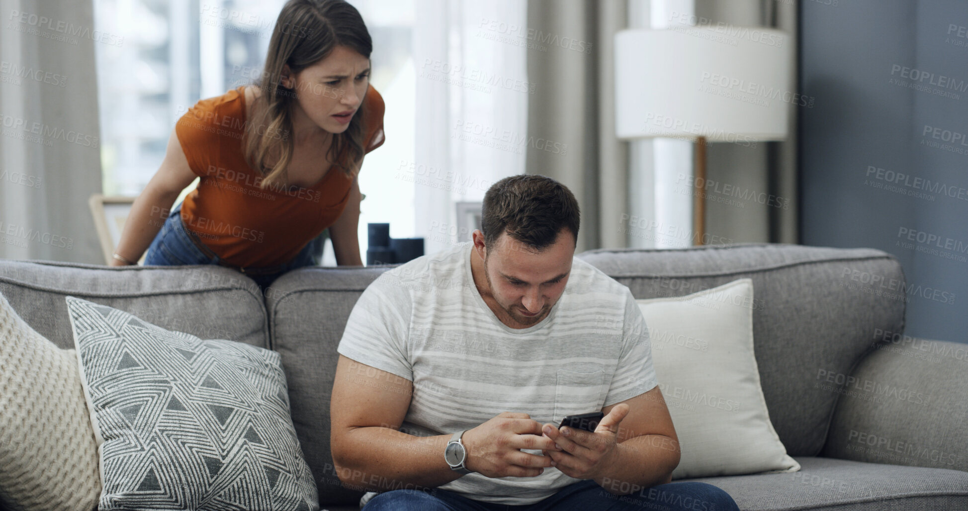Buy stock photo Phone, upset and couple on sofa in home with relationship problem, cheating or affair conflict. Fighting, cellphone and man with woman for marriage disagreement for divorce in living room at house.