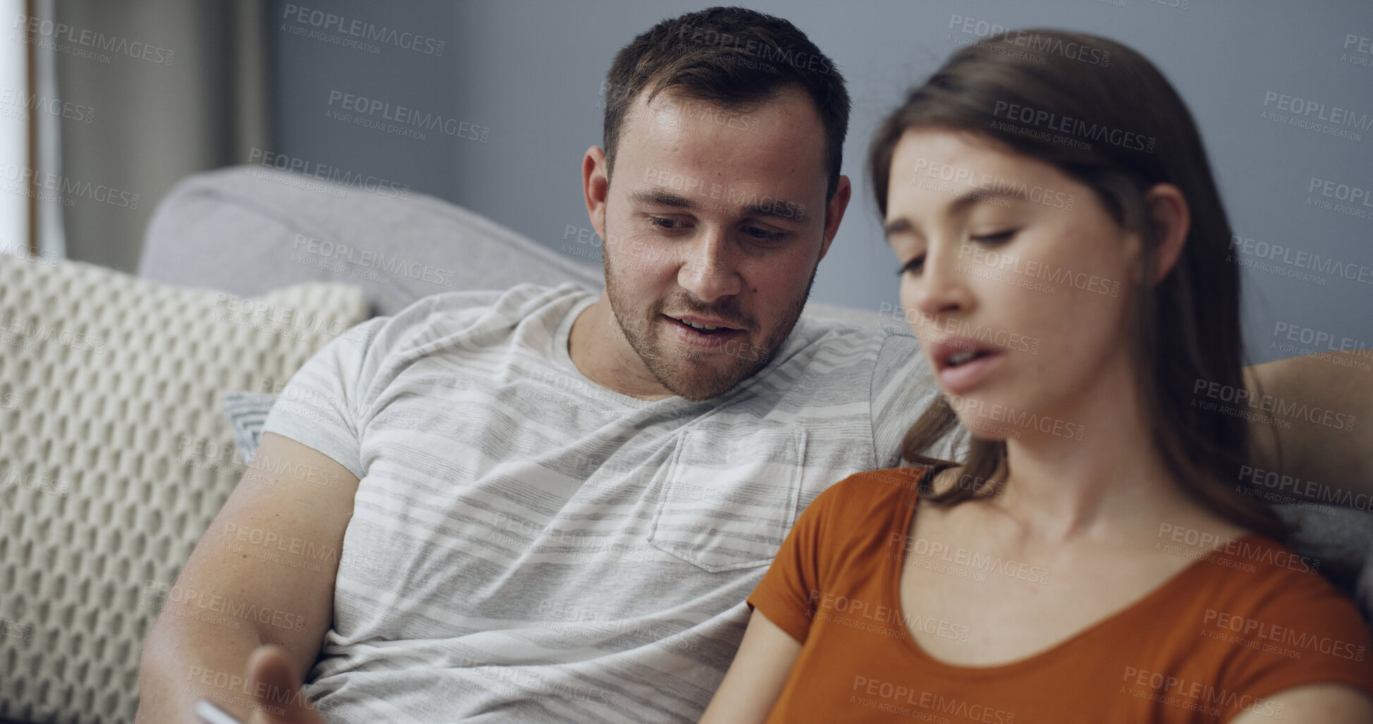 Buy stock photo Relax, man and couple with phone on sofa for online video, social media post and bonding together. Support, people or smartphone in home for streaming subscription, internet browsing or weekend break