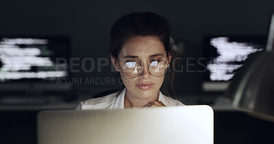 Buy stock photo Thinking, reflection and business woman with laptop for programming, software or web design solution. Glasses, programmer and technology for IT problem solving, maintenance results or coding at night