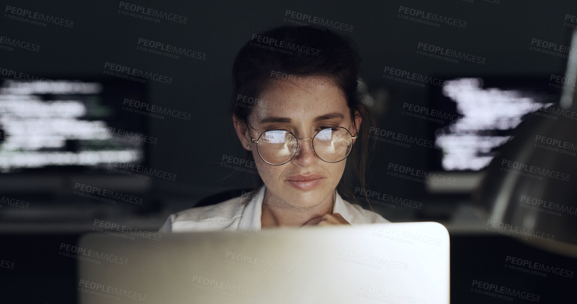 Buy stock photo Thinking, reflection and business woman with laptop for programming, software or web design solution. Glasses, programmer and technology for IT problem solving, maintenance results or coding at night