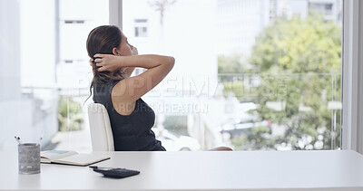 Buy stock photo Stress, frustrated and woman with anxiety by window, poor economic conditions and housing market decline. Overwhelmed, inflation and real estate agent with client pressure, property sale and burnout