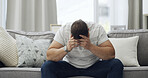 Home, emotional and man with stress on couch, exhausted and thinking of financial pressure in lounge. Unemployment, reflection and person with depression on sofa, mental health and anxiety for debt