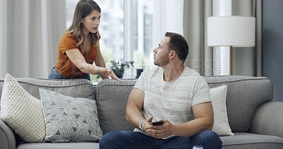 Buy stock photo Argument, phone and people on sofa in home with relationship problem, cheating or affair conflict. Fighting, cellphone and man with woman for marriage disagreement in living room at apartment.