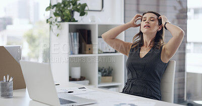 Buy stock photo Stress, frustrated and woman with laptop in office, poor economic conditions or housing market decline. Overwhelmed, pc or real estate agent with client pressure, property inflation or rental failure
