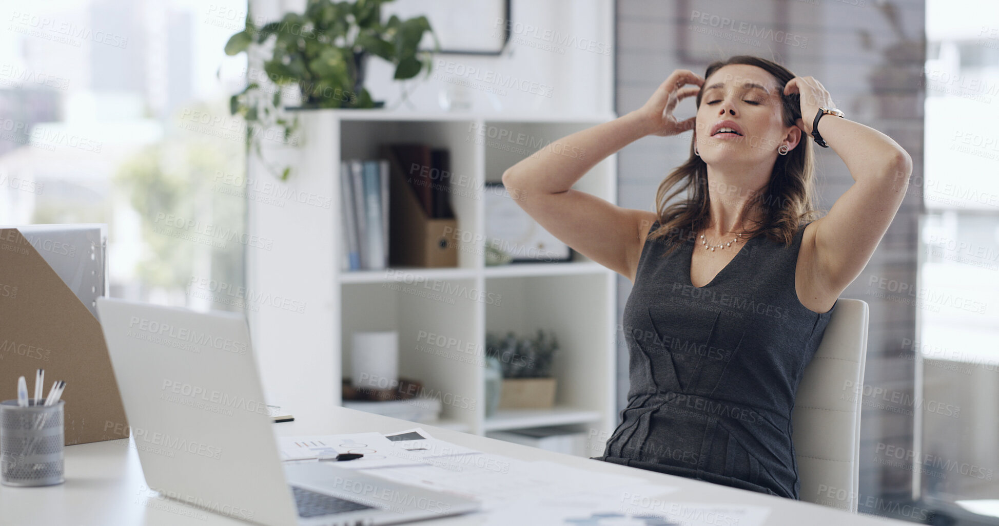 Buy stock photo Stress, frustrated and woman with laptop in office, poor economic conditions or housing market decline. Overwhelmed, pc or real estate agent with client pressure, property inflation or rental failure