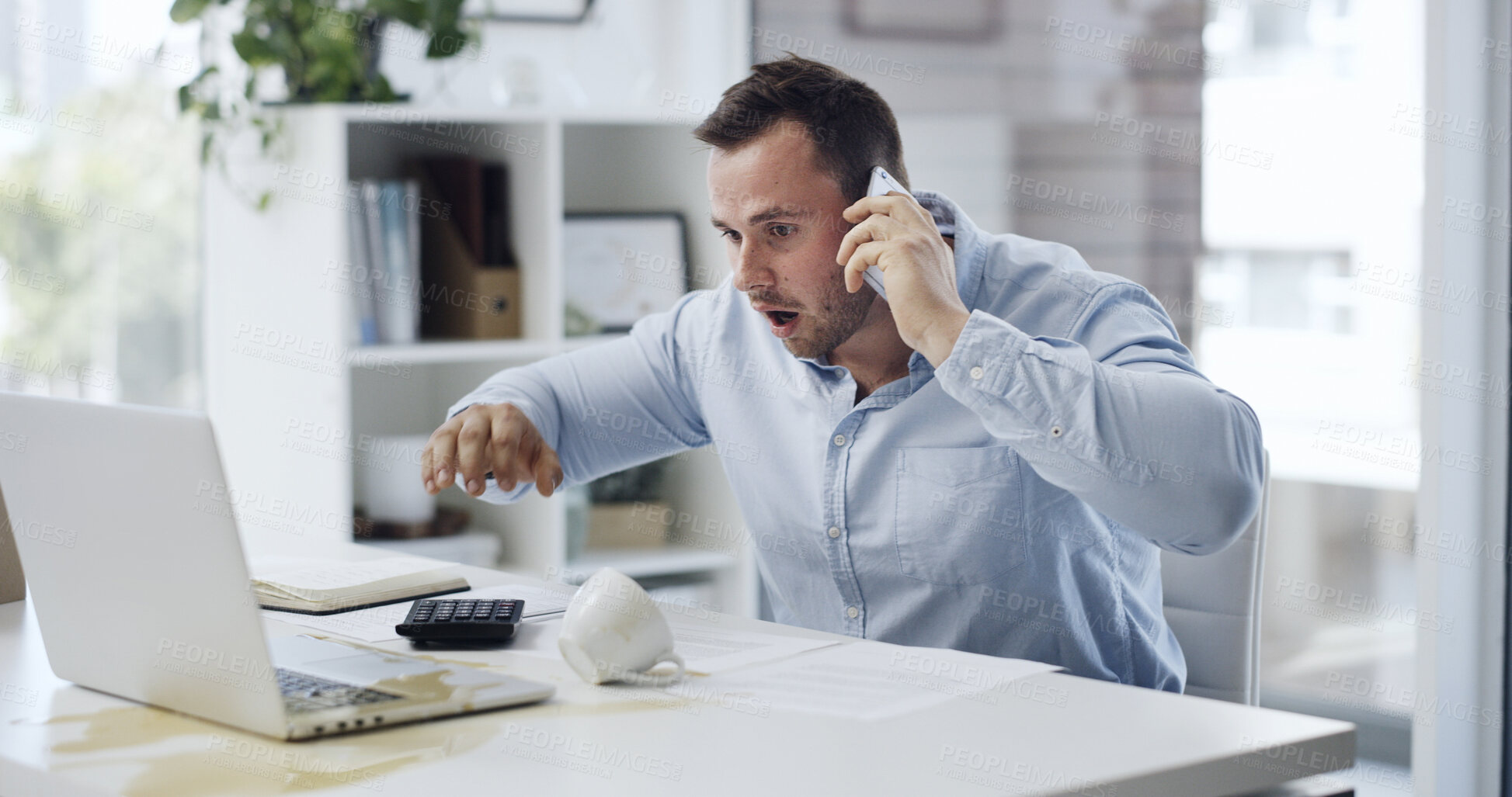 Buy stock photo Shocked, man or coffee spill on laptop in office, phone call  distraction or multitasking fail for accident. Surprise, workplace chaos or accountant with beverage for tech damage, stress or mistake
