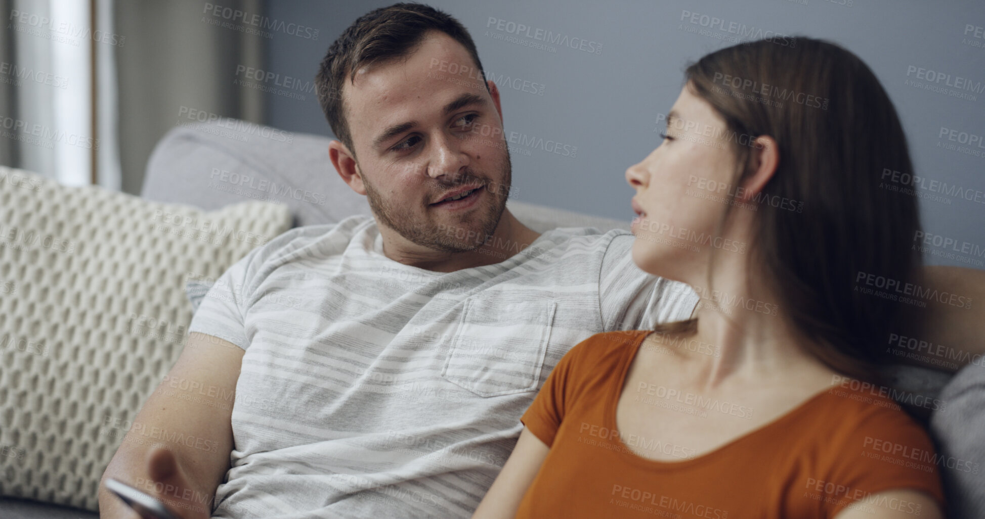 Buy stock photo Relax, talking or phone with couple on sofa for streaming, conversation and social media post. Discussion, connection and share link with man and woman in living room of home for subscription service