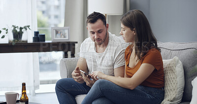 Buy stock photo Couple, fight or pointing with phone in home for cheating affair, toxic relationship or privacy. Man, woman or spying with mobile smartphone for separation, trust issue or divorce together in house