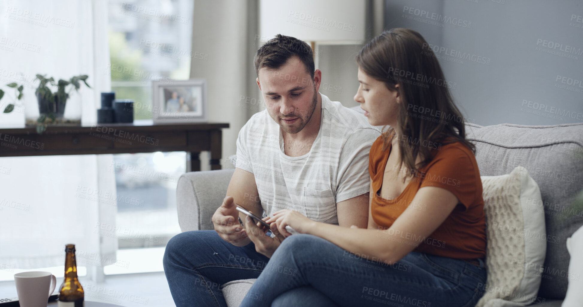 Buy stock photo Couple, fight or pointing with phone in home for cheating affair, toxic relationship or privacy. Man, woman or spying with mobile smartphone for separation, trust issue or divorce together in house