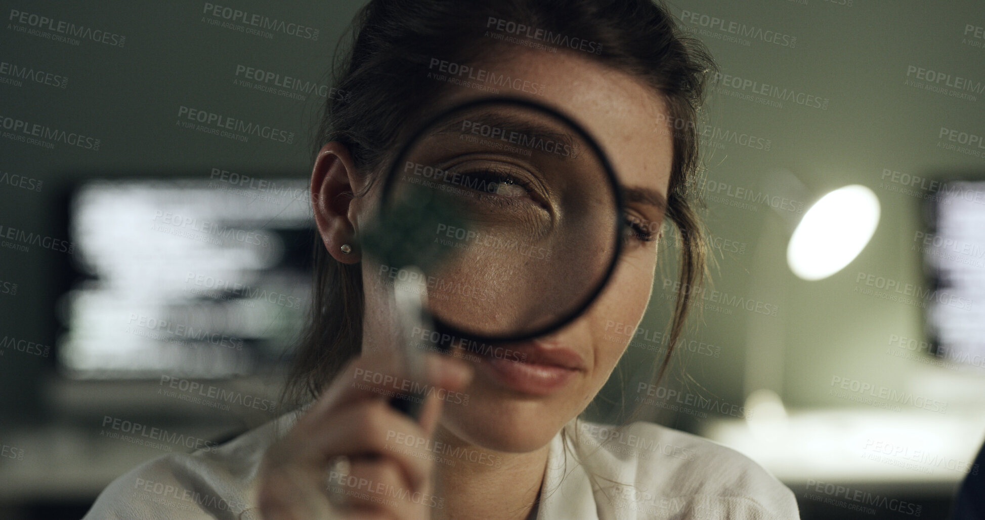 Buy stock photo Magnifying glass, investigation and woman at night with microchip for digital forensics, evidence or clue. Private investigator, bokeh and person with tech for inspection, data recovery and hardware