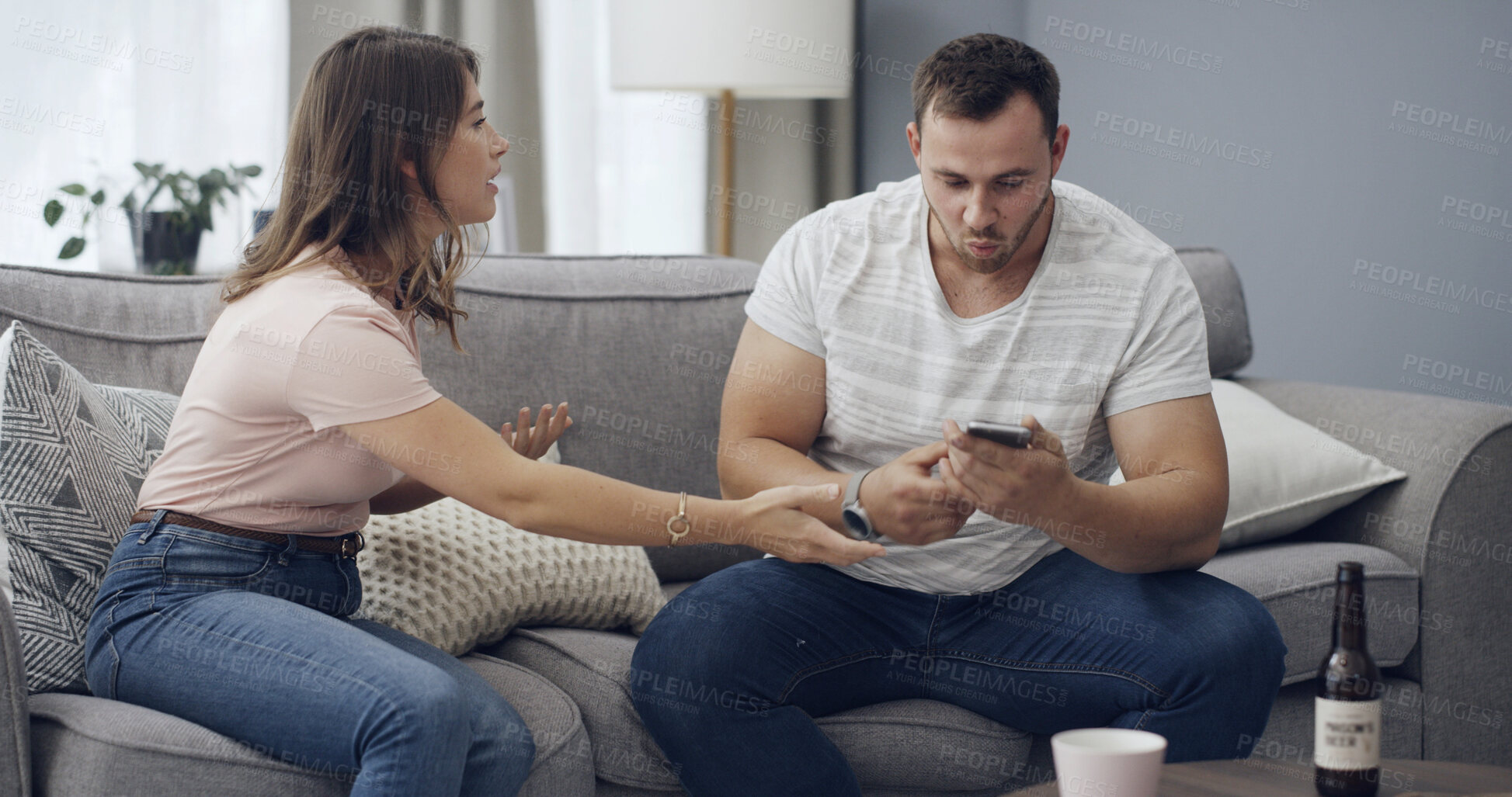 Buy stock photo Couple, argument and cheating affair with phone on sofa for private messages or secret in home. Man, woman and spying on mobile smartphone or couch for toxic relationship, app or infidelity in house