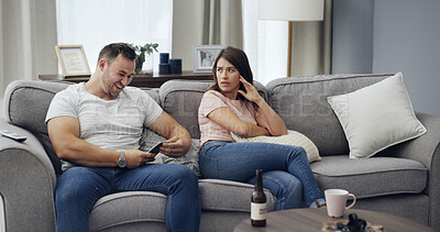 Buy stock photo Couple, privacy and argument with phone for cheating affair, toxic relationship or secret in home. Happy man, woman and mental health with separation on mobile smartphone for trust issue or divorce