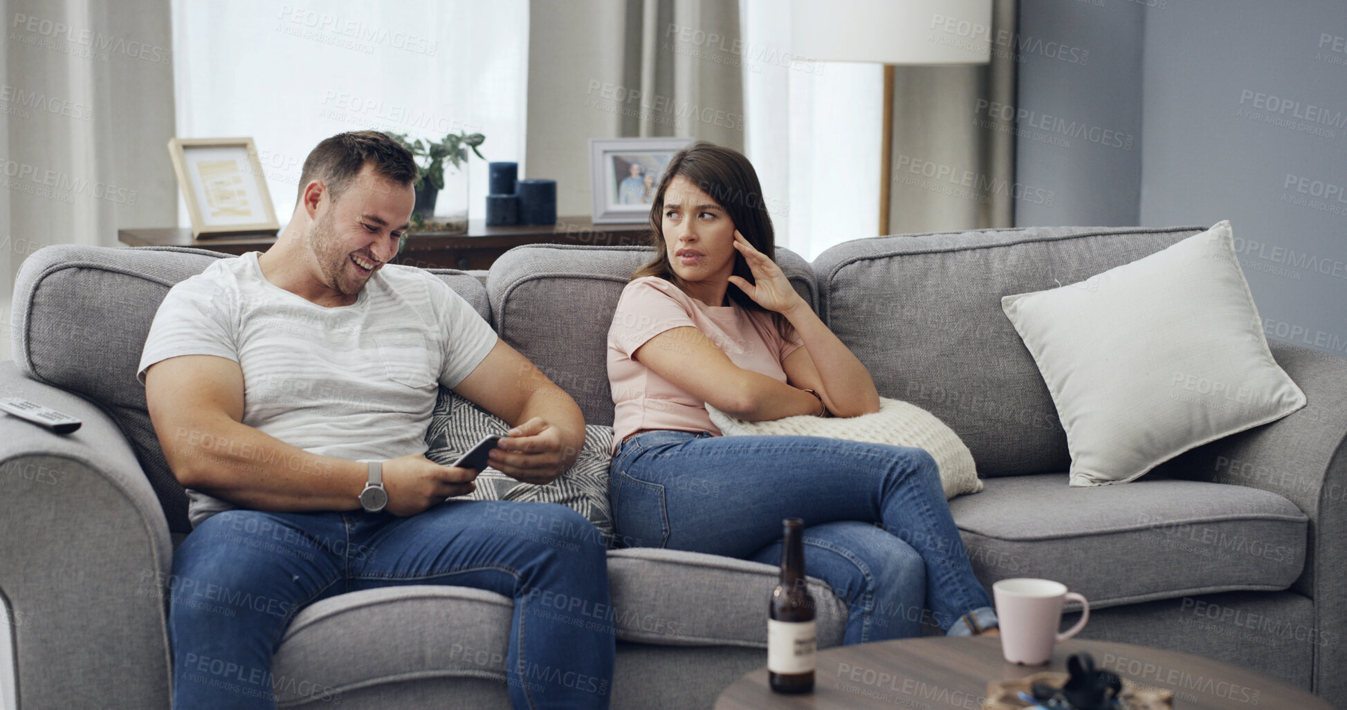 Buy stock photo Couple, privacy and argument with phone for cheating affair, toxic relationship or secret in home. Happy man, woman and mental health with separation on mobile smartphone for trust issue or divorce
