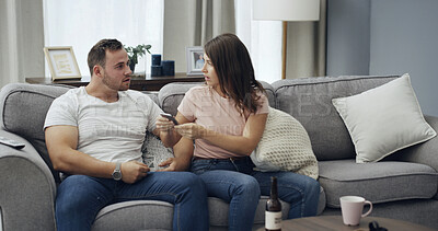 Buy stock photo Argument, cellphone and couple on sofa in home with relationship problem, cheating or affair conflict. Fighting, phone and man with woman for marriage disagreement in living room at apartment.
