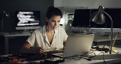 Buy stock photo Tool, motherboard and woman with laptop repair in office for diagnostic solution, hardware test and IT. Tech, technician and install CPU at night for troubleshooting, trace signal and problem solving