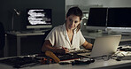 Night, laptop and woman with hardware for IT maintenance, repair and diagnostics for software. Technology, technician and female engineer with tools for troubleshooting, system test or programming