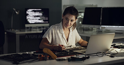 Buy stock photo Night, laptop and woman with hardware for IT maintenance, repair and diagnostics for software. Technology, technician and female engineer with tools for troubleshooting, system test or programming