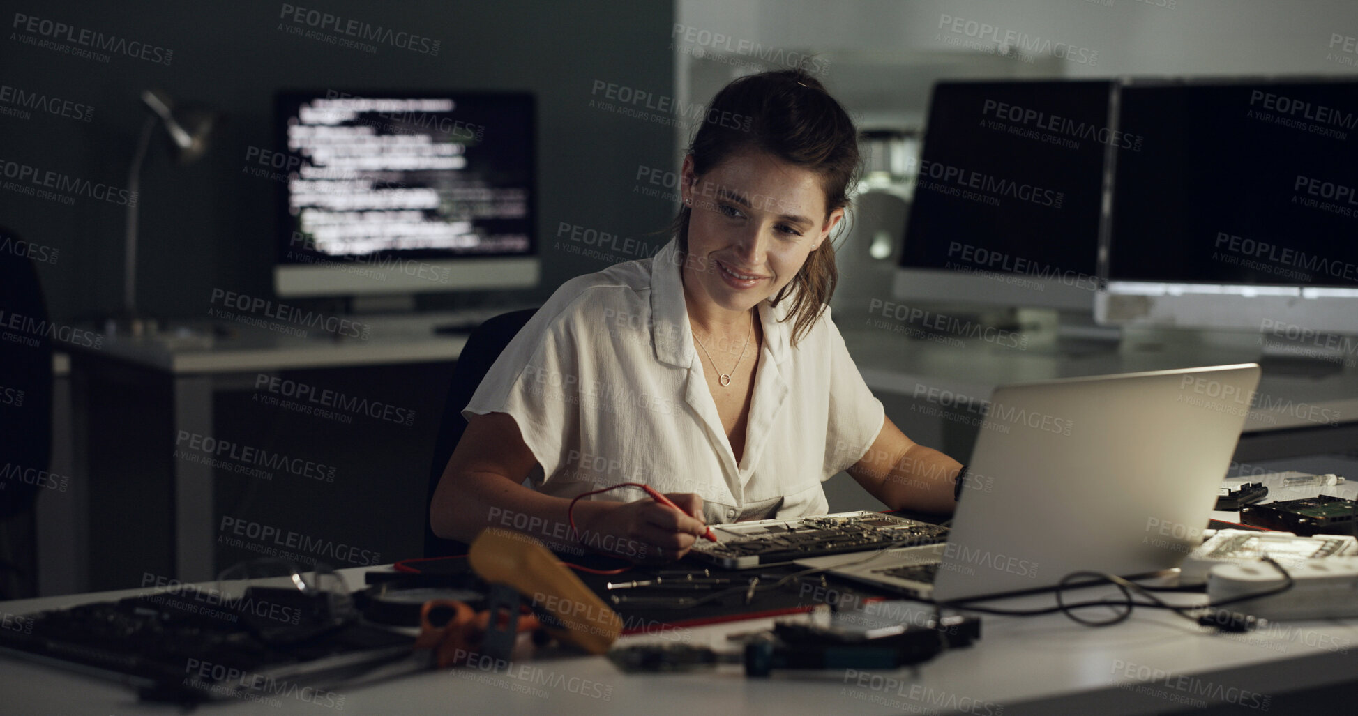 Buy stock photo Night, laptop and woman with hardware for IT maintenance, repair and diagnostics for software. Technology, technician and female engineer with tools for troubleshooting, system test or programming