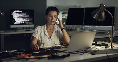 Buy stock photo Stress, woman and programming with laptop at night for coding error, data loss and software crash. Frustrated, person and troubleshooting pc with broken tech, system overload and technical deadline