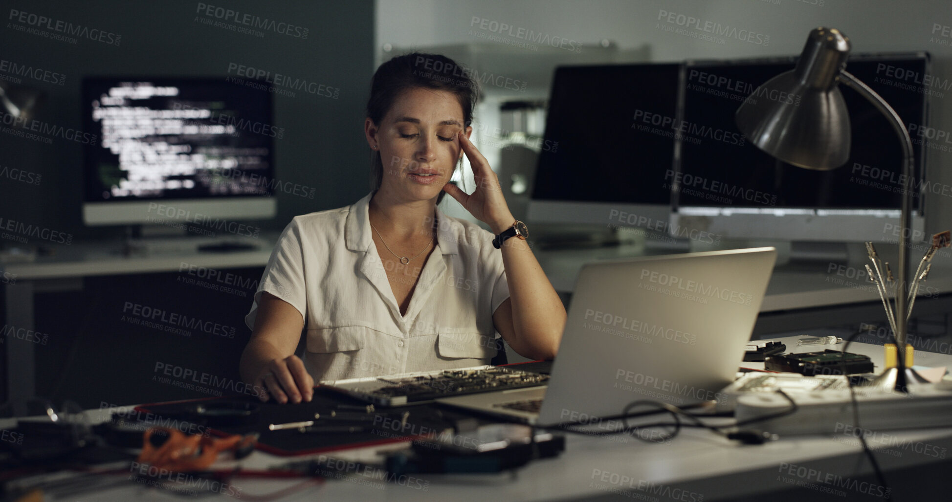 Buy stock photo Stress, woman and programming with laptop at night for coding error, data loss and software crash. Frustrated, person and troubleshooting pc with broken tech, system overload and technical deadline