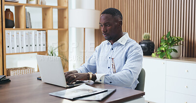 Buy stock photo Laptop, typing and research with business black man in office for budget, account manager and audit. Planning, online trading proposal and investor report with person in agency for tax portfolio