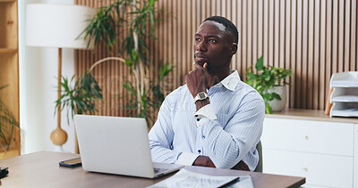 Buy stock photo Laptop, thinking and black man in office with insight, problem solving or funding ideas for budget pitch. Review, firm or financial consultant with tech, online report or proposal plan for investment