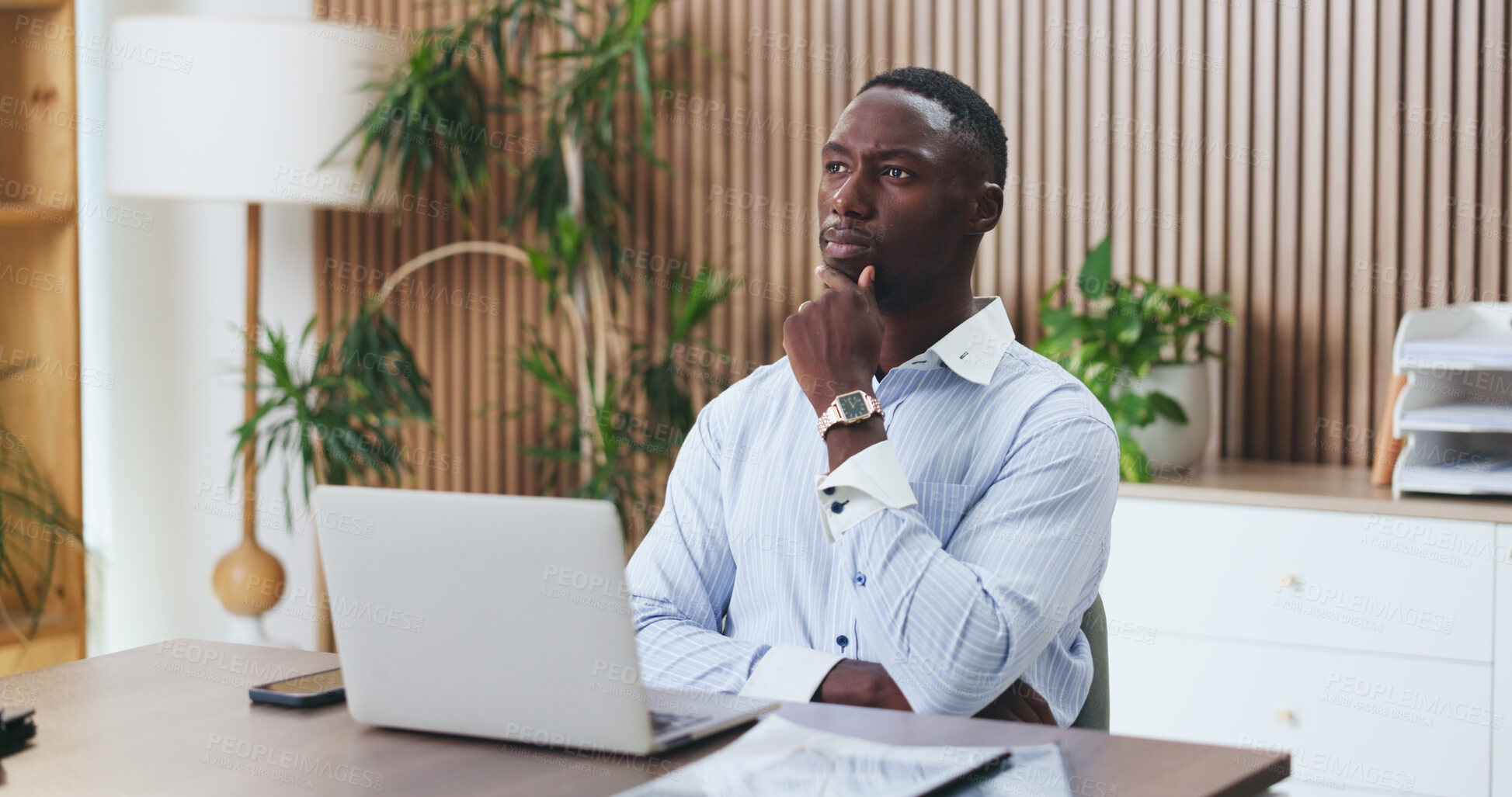 Buy stock photo Laptop, thinking and black man in office with insight, problem solving or funding ideas for budget pitch. Review, firm or financial consultant with tech, online report or proposal plan for investment
