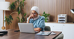 Laptop, reading and research with muslim business woman in office for budget, account manager and audit. Planning, online trading proposal and investor report with person in agency for tax portfolio