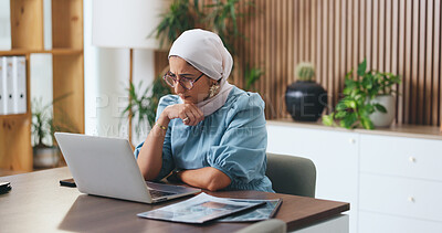 Buy stock photo Laptop, thinking and muslim business woman in office for budget, account manager and audit. Vision, online trading proposal and investor report with person in agency for tax portfolio and research