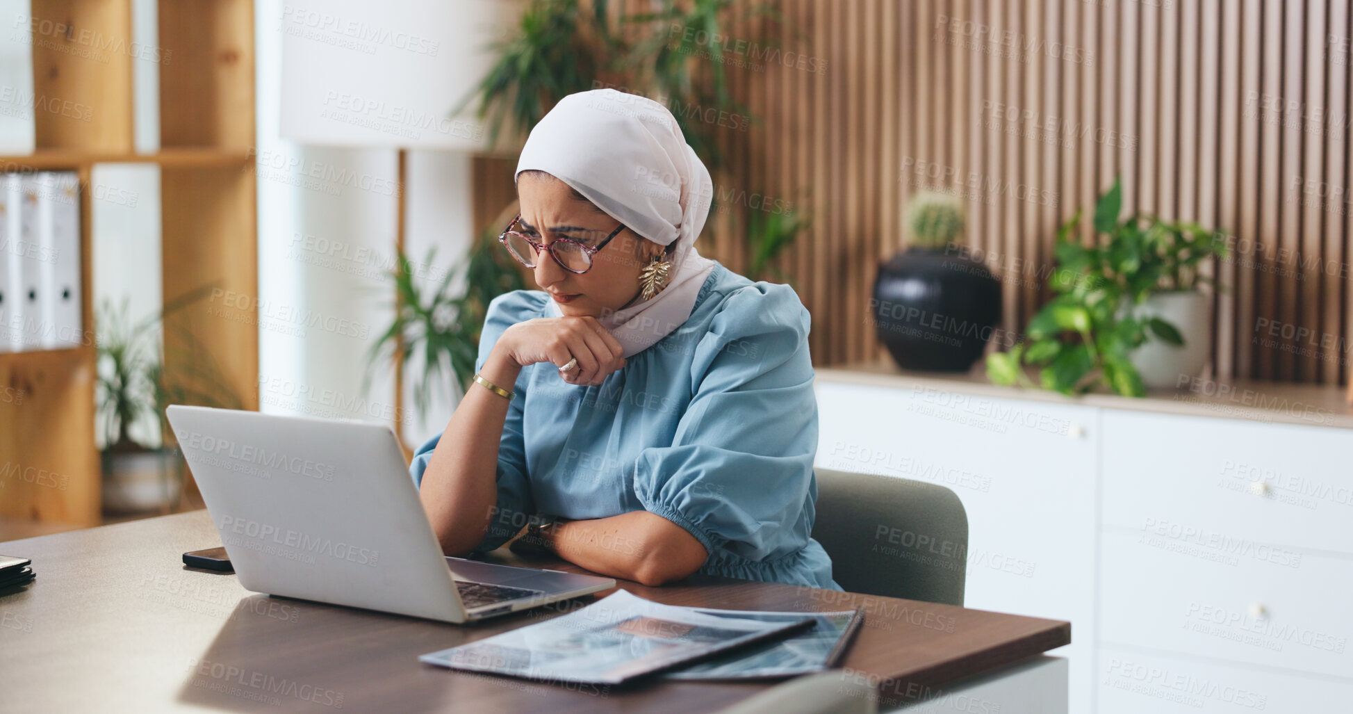 Buy stock photo Laptop, thinking and muslim business woman in office for budget, account manager and audit. Vision, online trading proposal and investor report with person in agency for tax portfolio and research