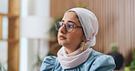 Muslim woman, thinking and insight with glasses in office for problem solving at insurance company. Islamic person, broker and perspective for solution, feedback or risk management job at agency