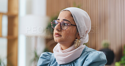 Buy stock photo Muslim woman, thinking and insight with glasses in office for problem solving at insurance company. Islamic person, broker and perspective for solution, feedback or risk management job at agency