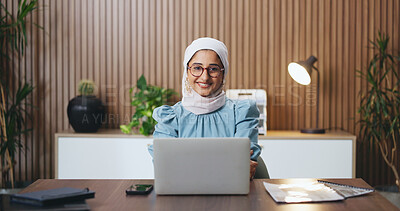 Buy stock photo Laptop, portrait and muslim business woman in office for budget, account manager and audit. Planning, online trading proposal and investor report with person in agency for tax portfolio and research
