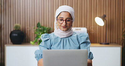 Buy stock photo Muslim woman, laptop and smile with review in office, problem solving and glasses at insurance company. Islamic person, broker and perspective for report, feedback or risk management job at agency